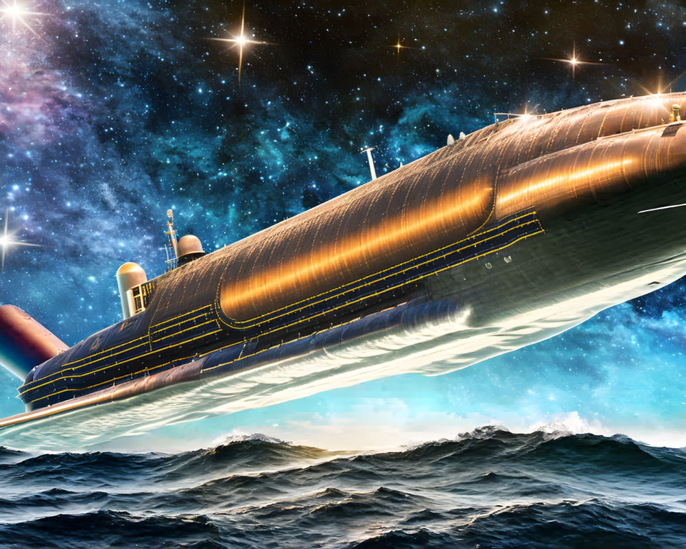 Futuristic submarine in starry sky with sleek design