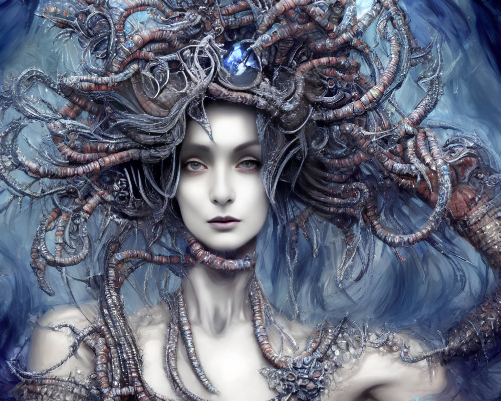 Pale-skinned female figure with serpentine headdress on blue background