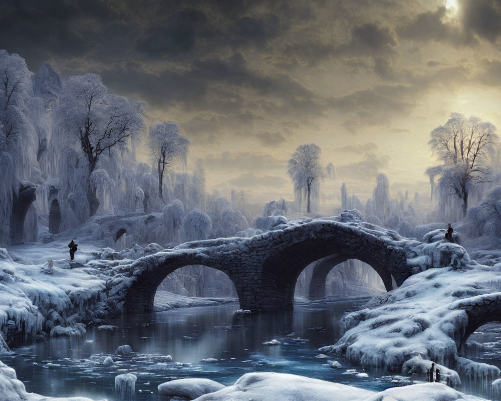 Snow-covered trees and stone bridge in serene winter landscape