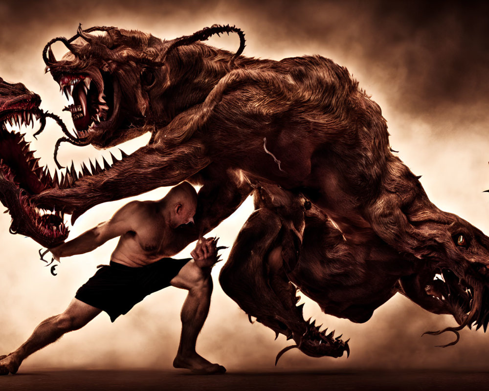 Muscular person facing monstrous beast with multiple heads and tentacles