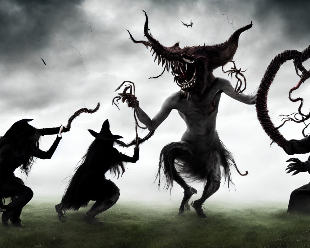 Dark fantasy illustration: Three witches and monstrous creature in stormy setting
