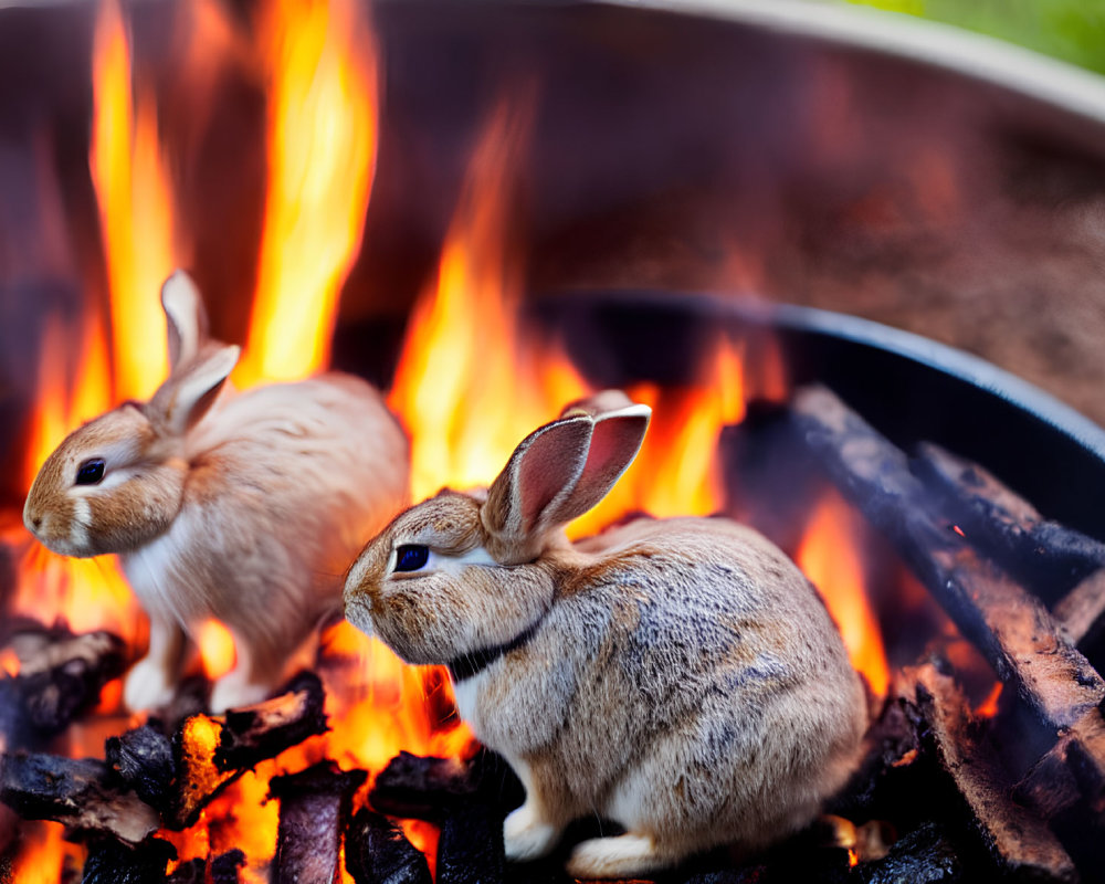 Pair of rabbit figurines by a fire pit