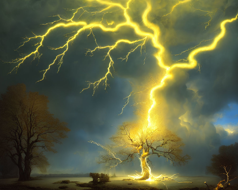 Dramatic scene of solitary tree struck by lightning