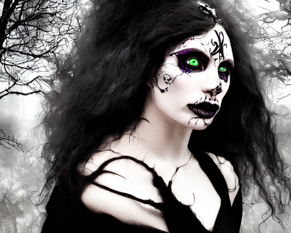 Woman with Elaborate Skull Makeup in Misty Forest with Green Eyes