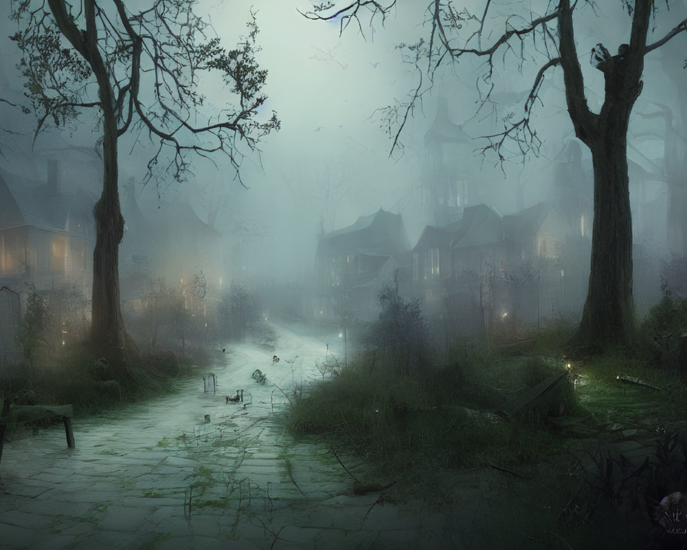 Moonlit misty old village with cobblestone paths, overgrown greenery, dilapidated