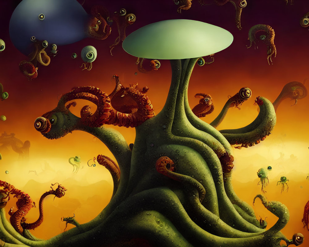 Surreal landscape with green tree creature and floating eyes on orange backdrop