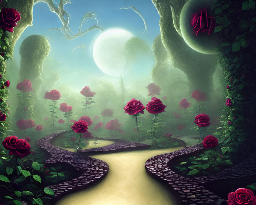 Enchanting garden with cobblestone paths, red roses, trees, and full moon