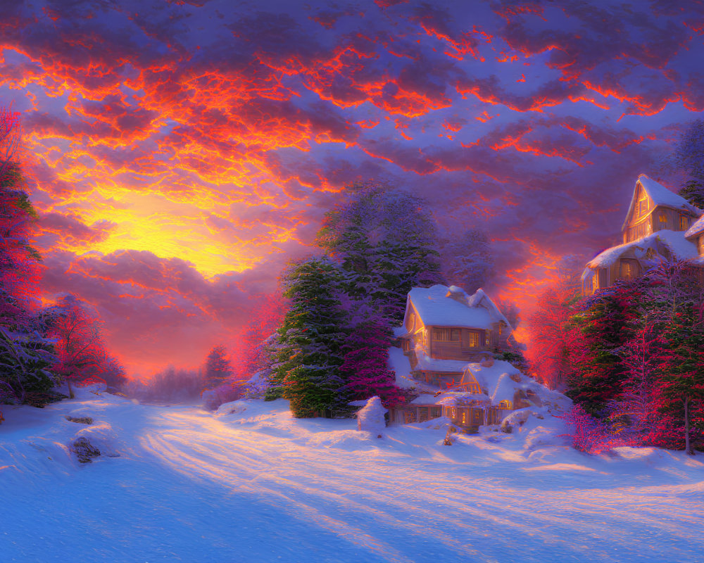 Snowy Sunset Landscape with Orange Clouds and Cozy Houses
