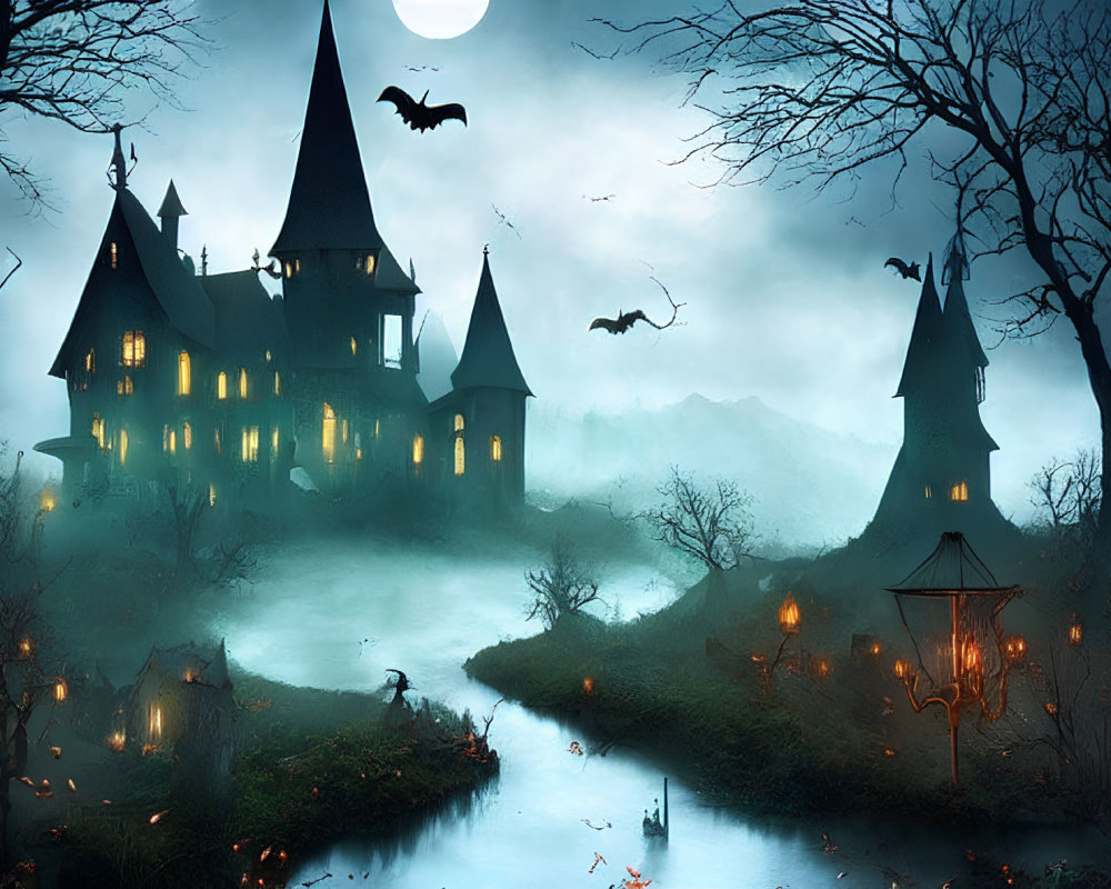 Gothic castle at dusk with fog, bats, and bare trees