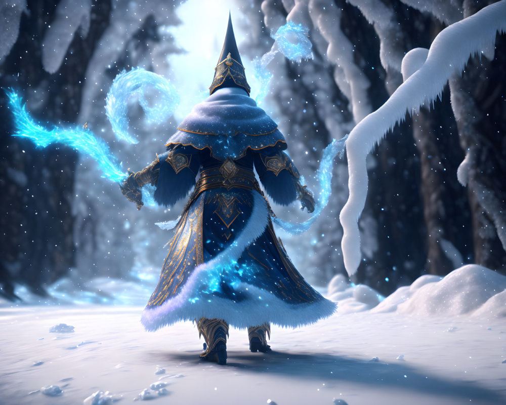 Wizard casting blue spell in snow-covered forest at twilight