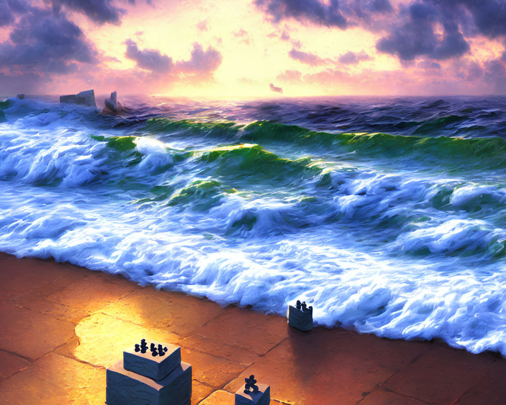 Vibrant sunset over stormy sea with chess pieces on shore