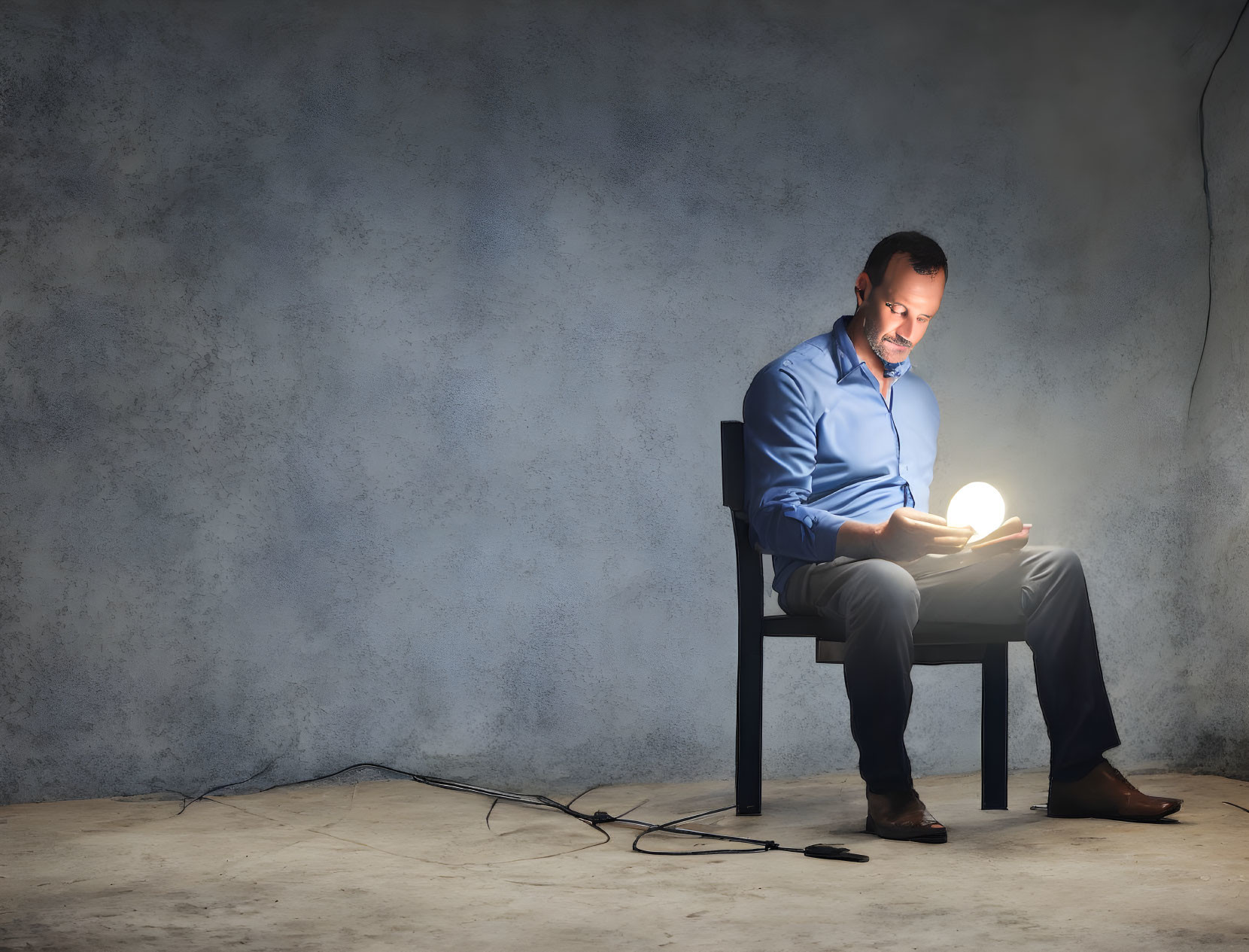 Man in blue shirt reading glowing book on dark chair against textured grey background