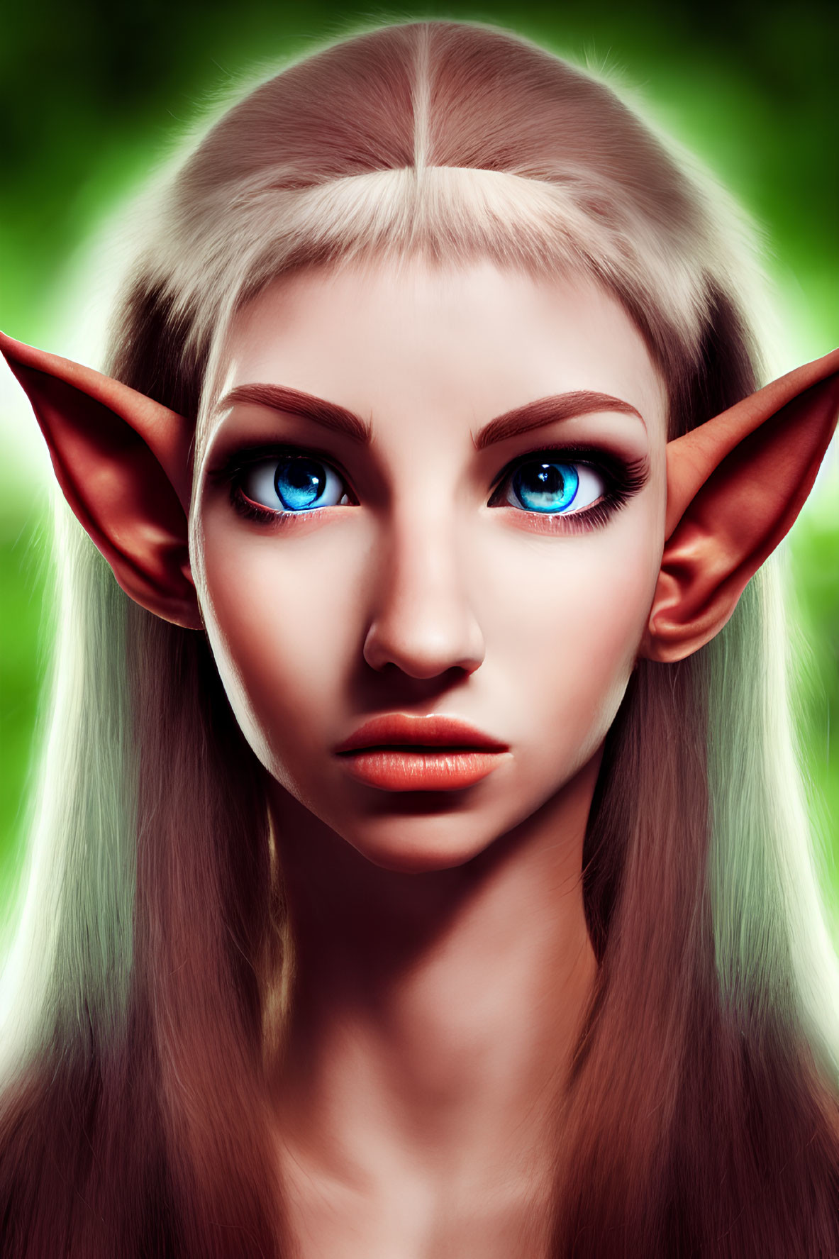 Female Elf Portrait with Pointed Ears and Blue Eyes on Green Background