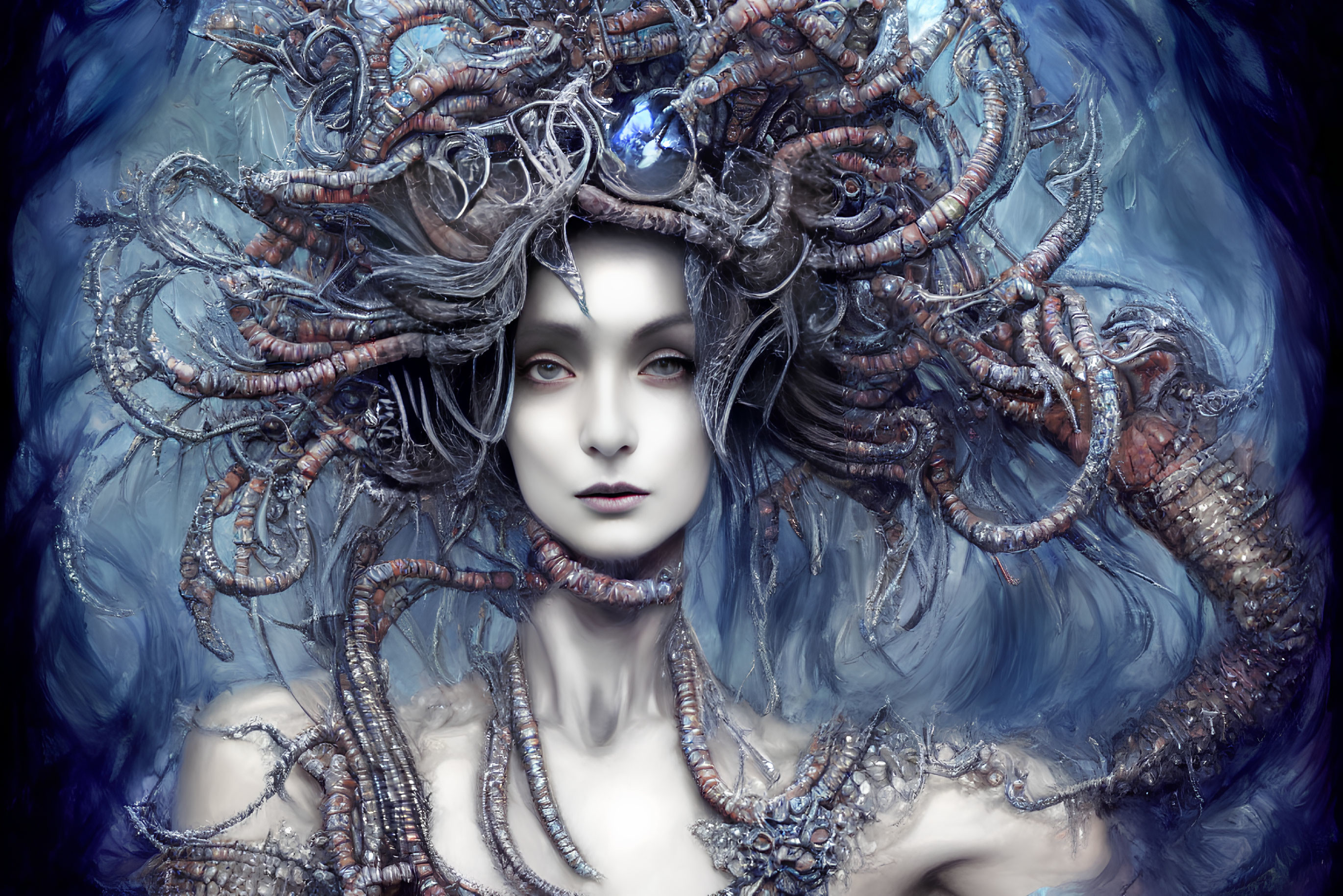 Pale-skinned female figure with serpentine headdress on blue background