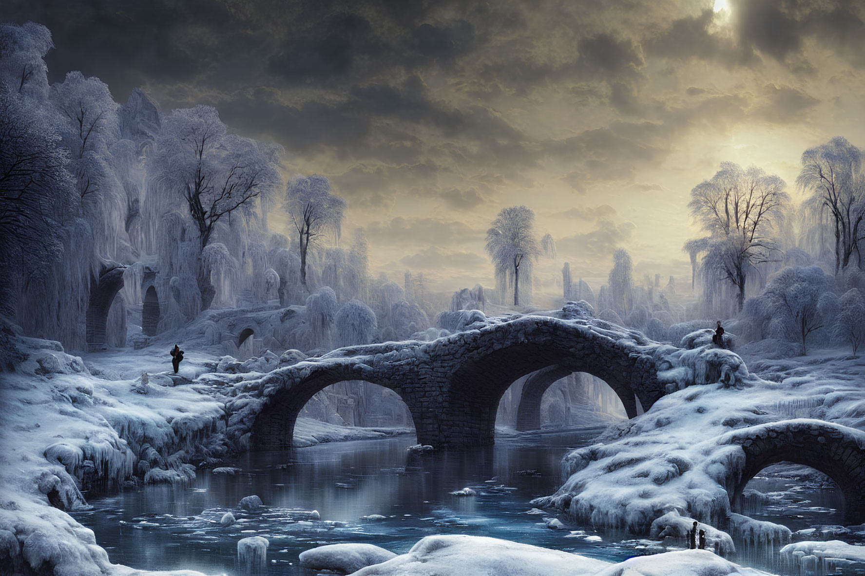 Snow-covered trees and stone bridge in serene winter landscape