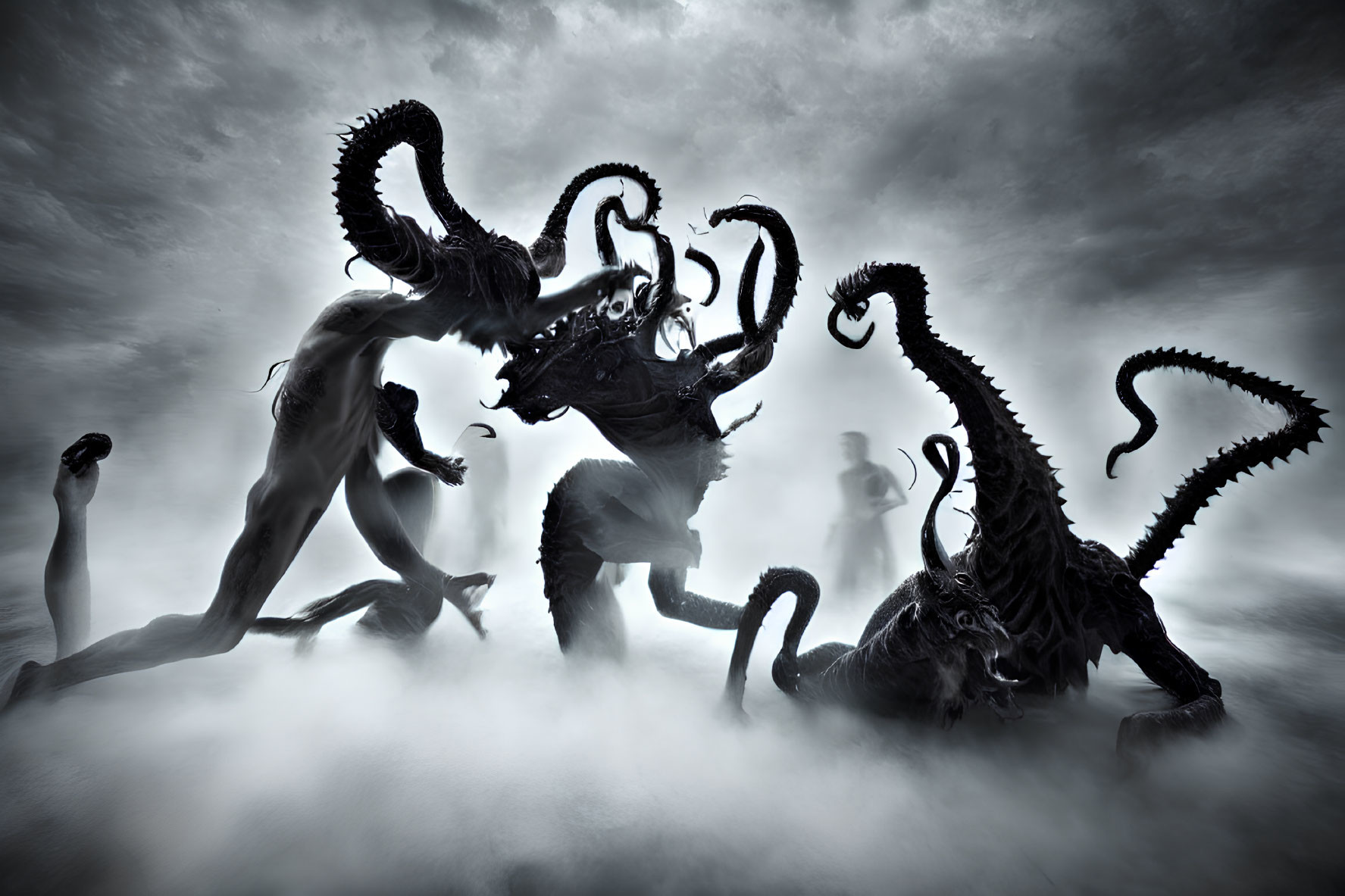 Silhouetted figures battling dark tentacled monsters in mystical scene