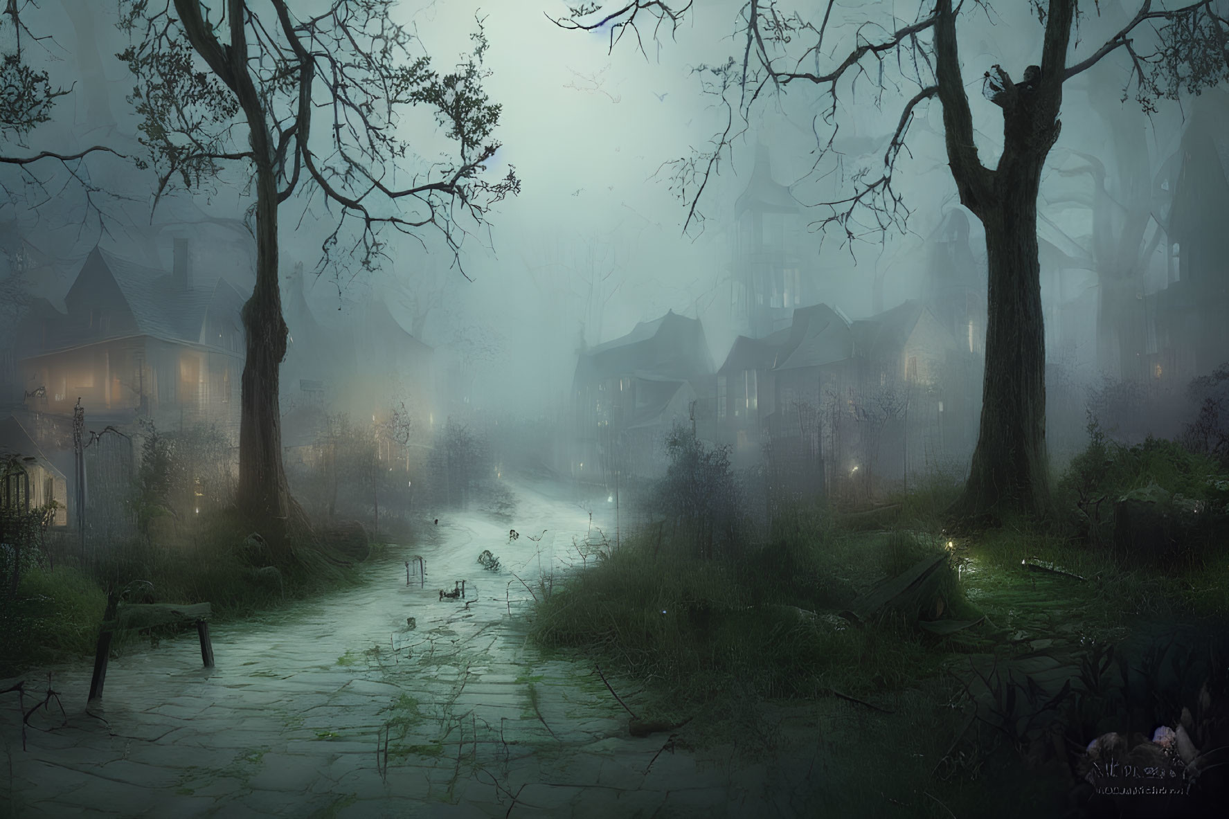 Moonlit misty old village with cobblestone paths, overgrown greenery, dilapidated