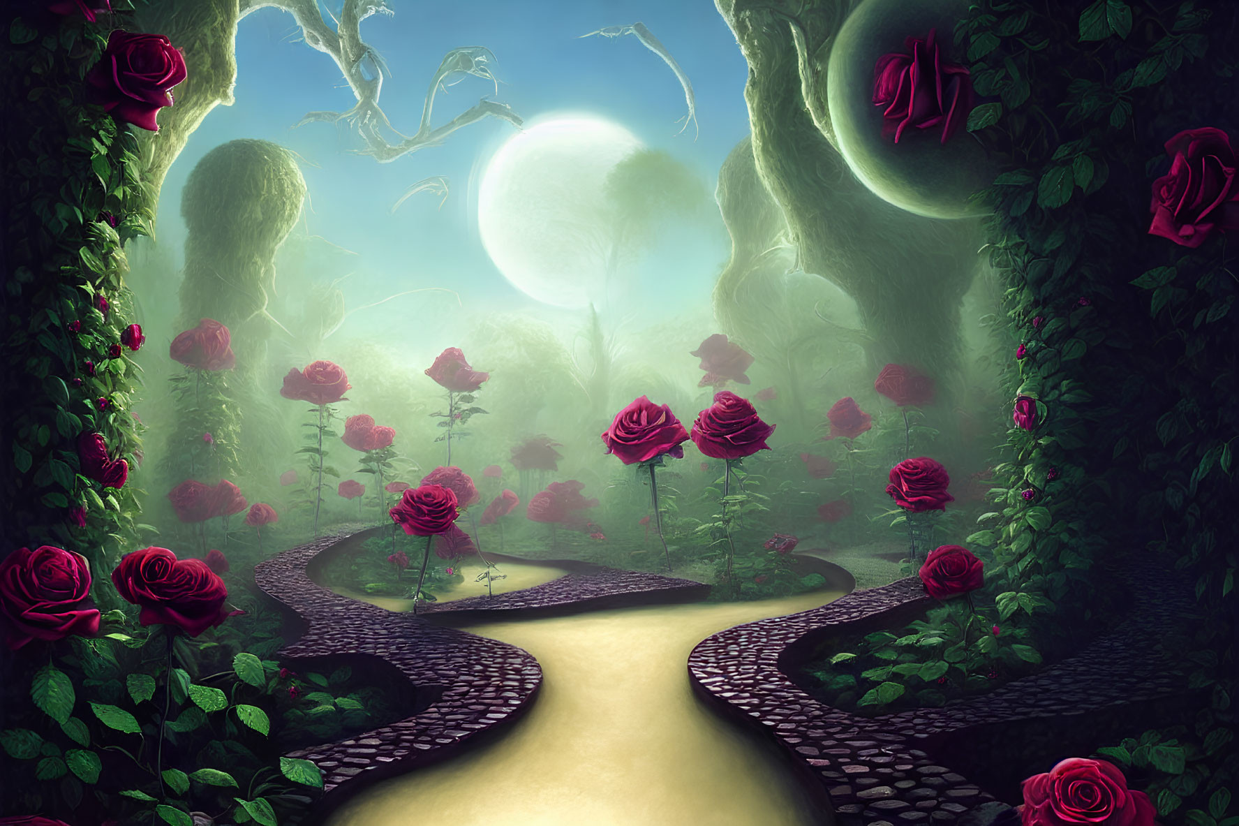 Enchanting garden with cobblestone paths, red roses, trees, and full moon