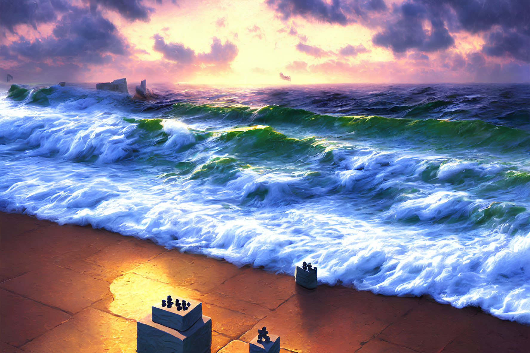 Vibrant sunset over stormy sea with chess pieces on shore