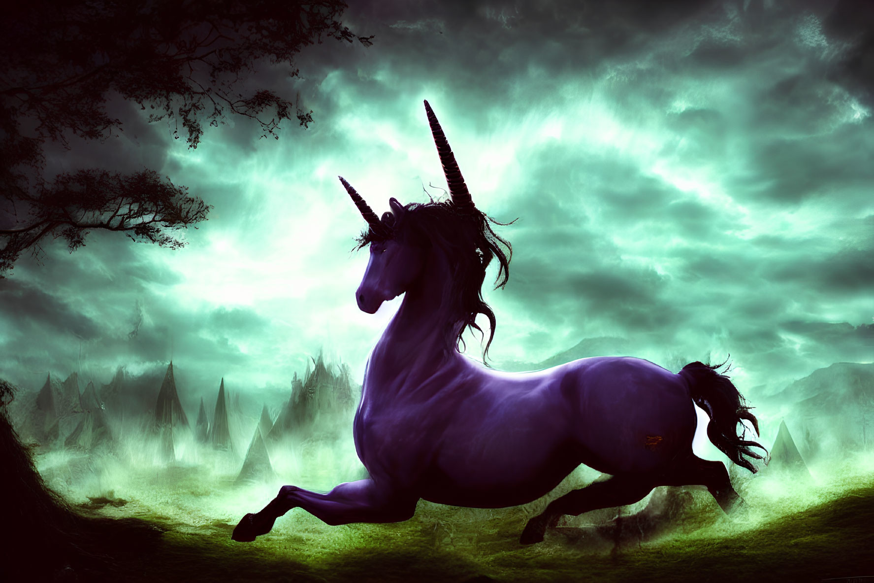 Majestic purple unicorn with spiraled horn in mystical landscape