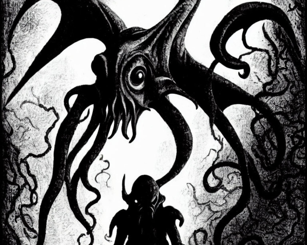 Monochromatic illustration: imposing octopus with expansive tentacles and small human figure
