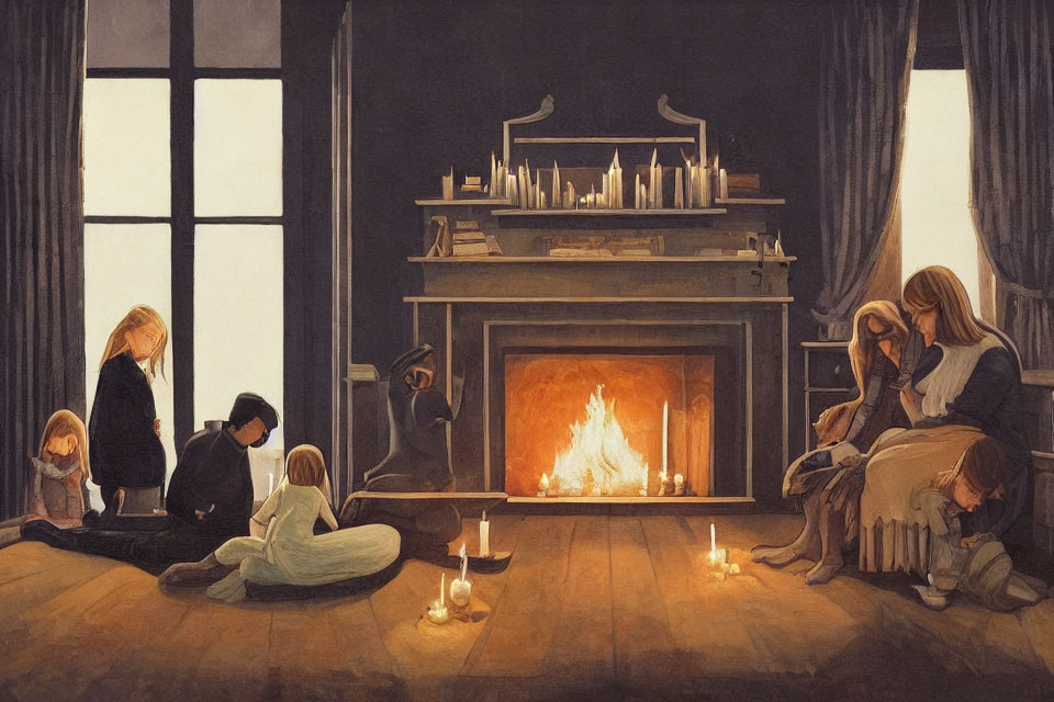 Family gathering by warm fireplace with children playing indoors