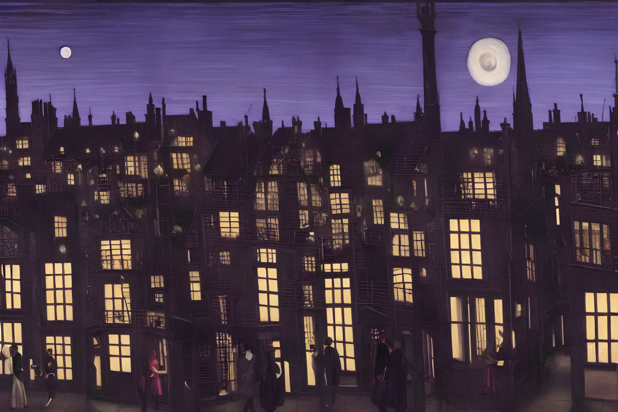 Stylized cityscape painting: night scene with silhouetted buildings, moonlit sky,