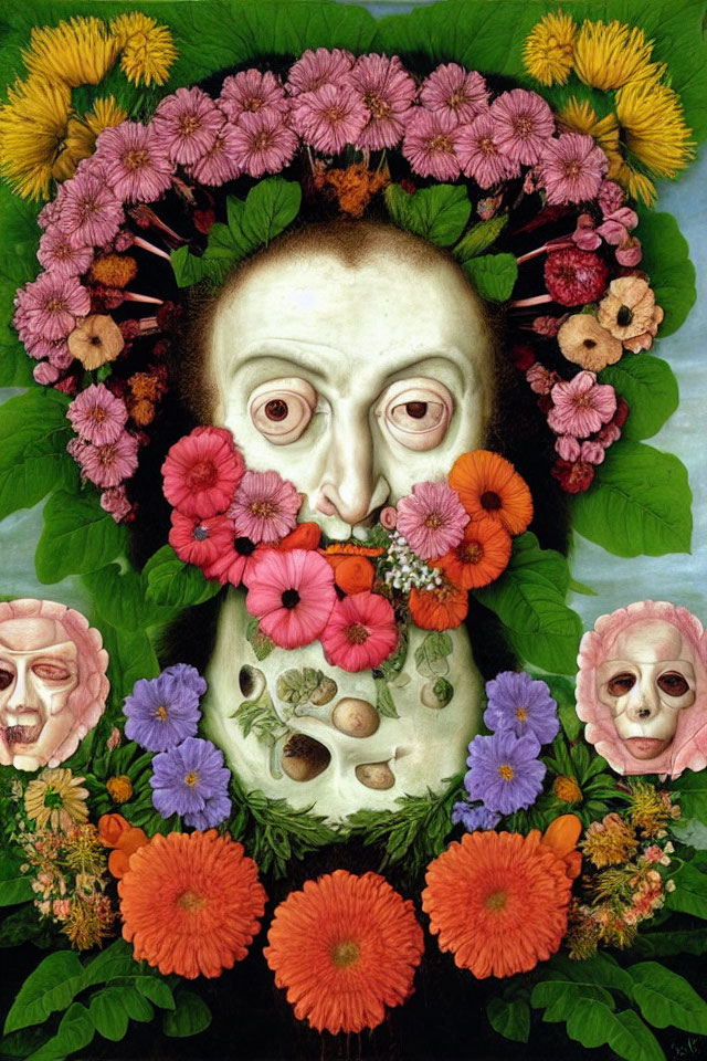 Vibrant floral surreal portrait with multiple faces in a dreamlike composition