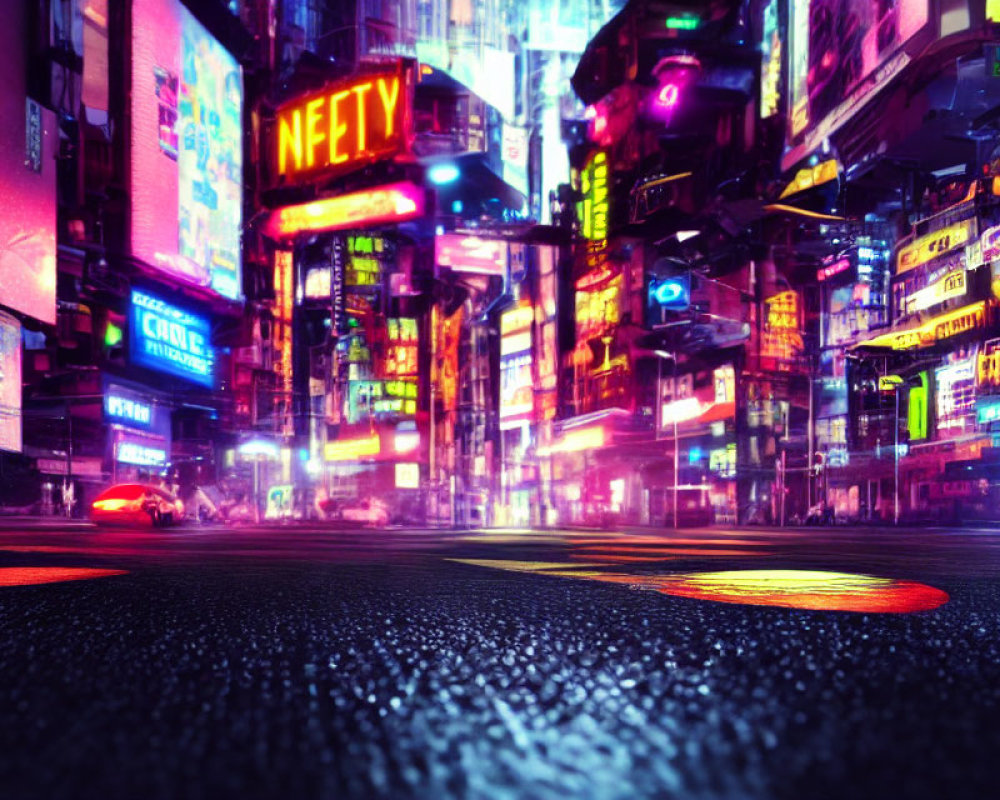 Vibrant neon-lit cityscape with wet streets and blurry car