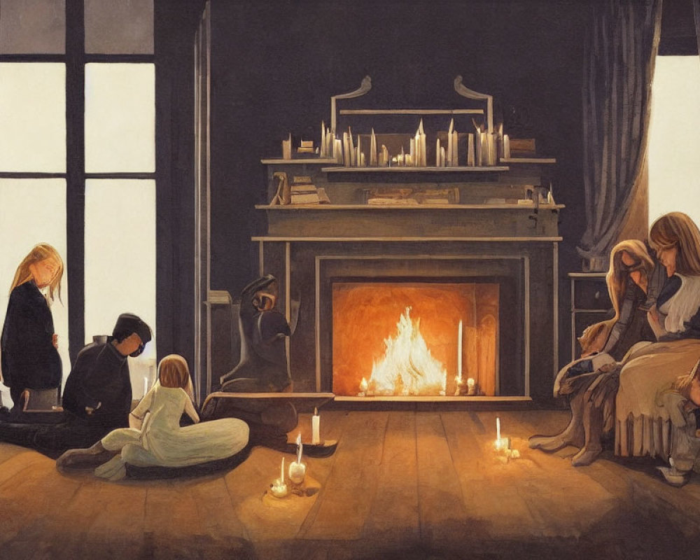 Family gathering by warm fireplace with children playing indoors