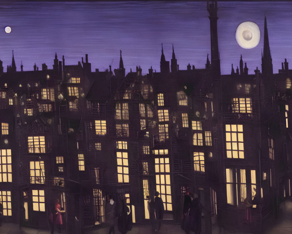 Stylized cityscape painting: night scene with silhouetted buildings, moonlit sky,