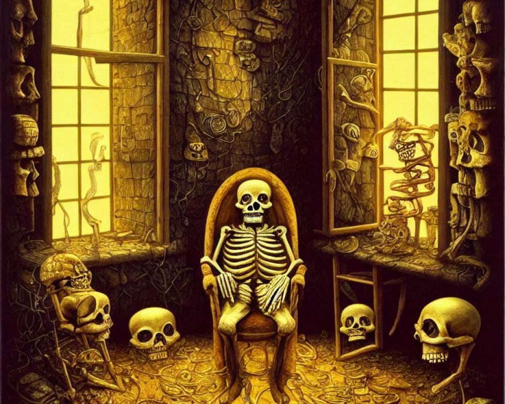 Gothic yellow-toned illustration of skeletal figures in room