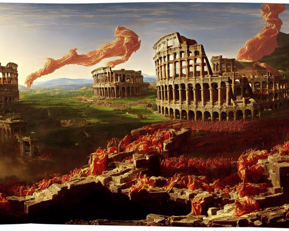 Roman Colosseum Ruins with Red Cloaked Figures in Majestic Landscape