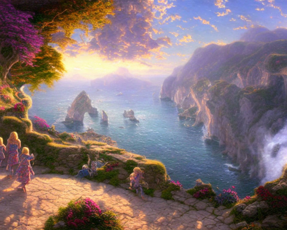 Colorful fantasy landscape with cliffs, waterfall, ocean, and sunset sky.