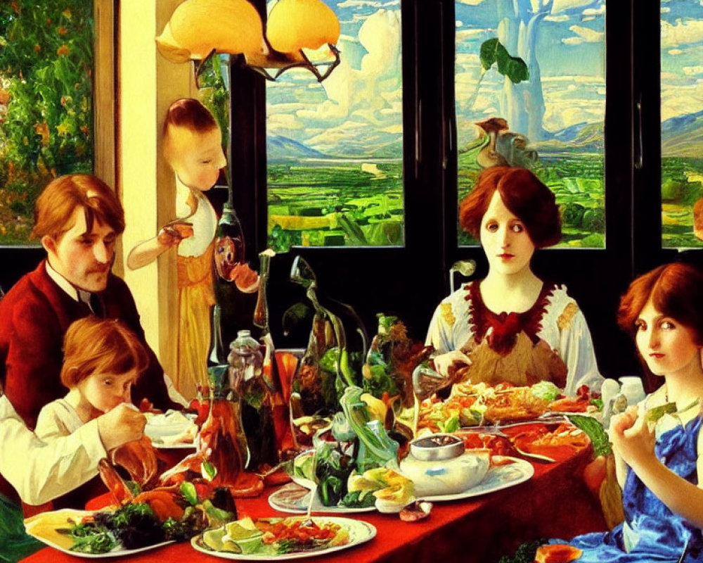 Vibrant family meal scene with scenic landscape view