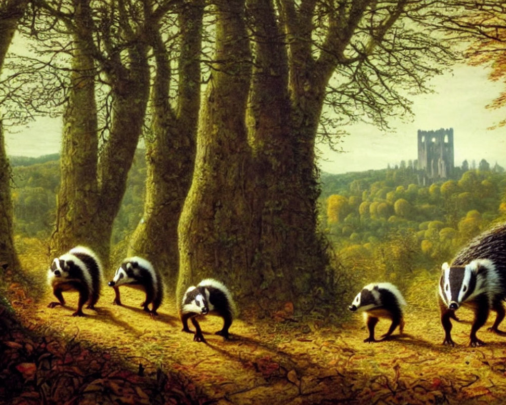 Mother Badger and Three Cubs in Sunlit Forest with Castle Ruins