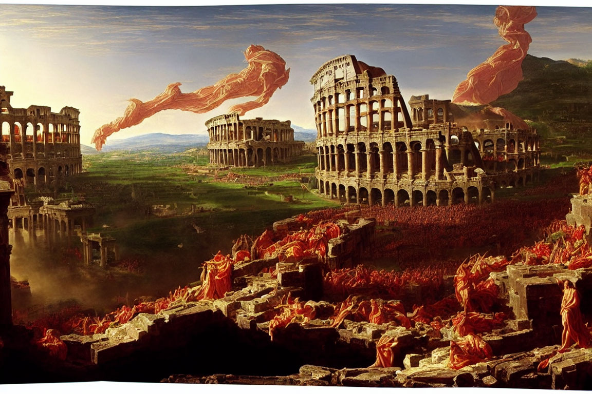 Roman Colosseum Ruins with Red Cloaked Figures in Majestic Landscape