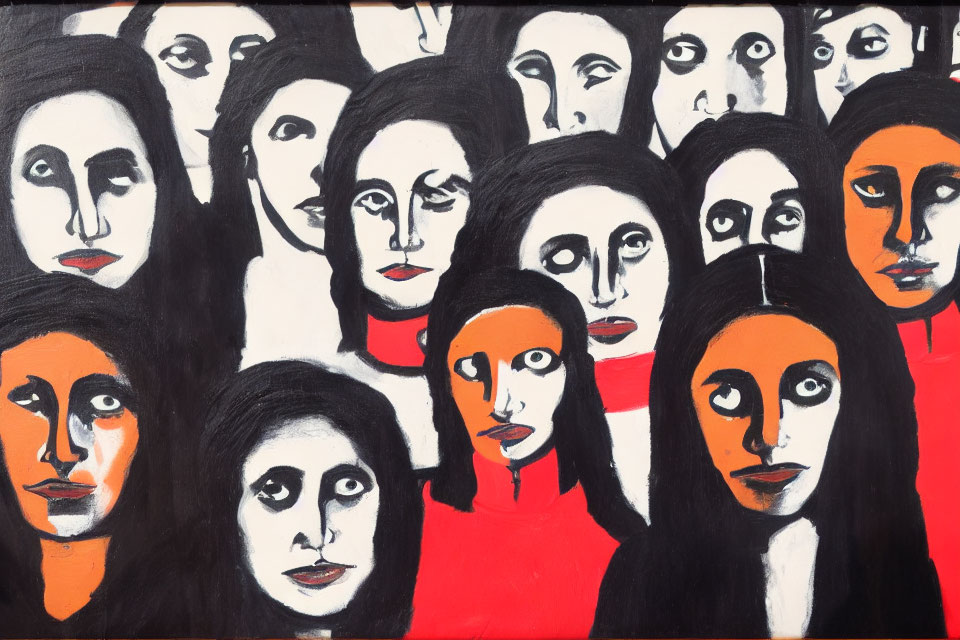 Abstract painting of stylized faces with expressive eyes on red and black background