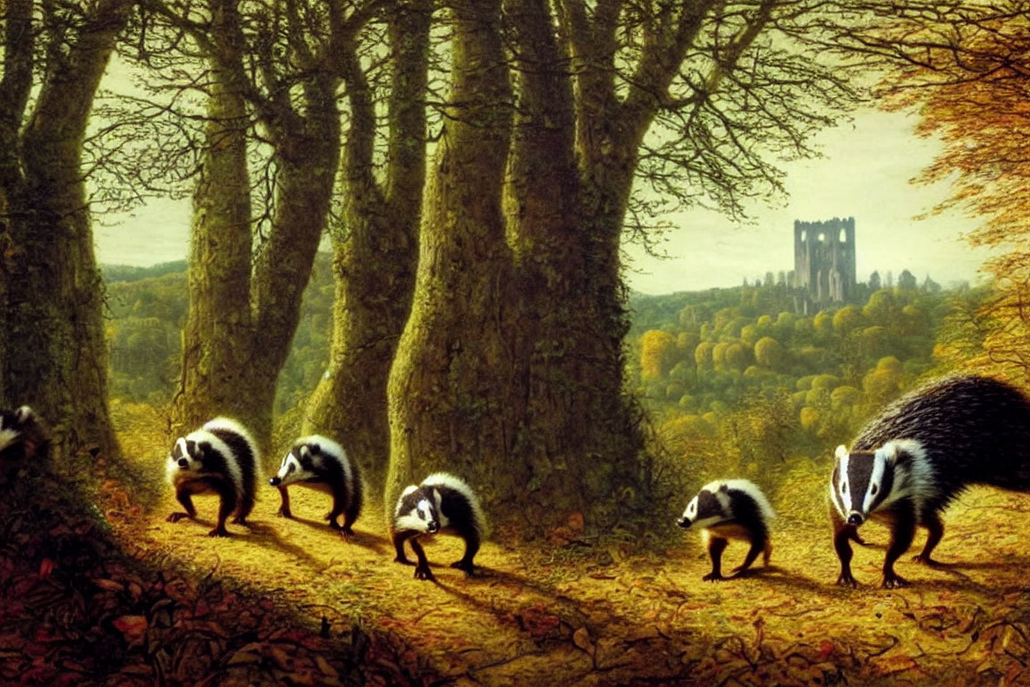 Mother Badger and Three Cubs in Sunlit Forest with Castle Ruins