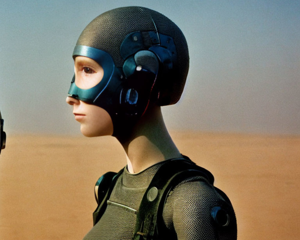 Futuristic helmet and bodysuit in desert setting