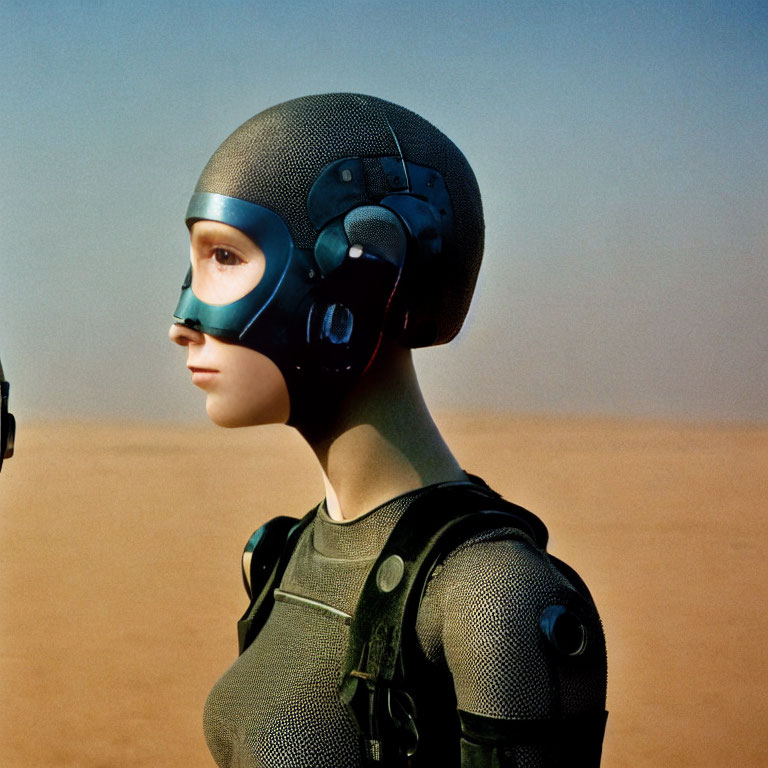 Futuristic helmet and bodysuit in desert setting
