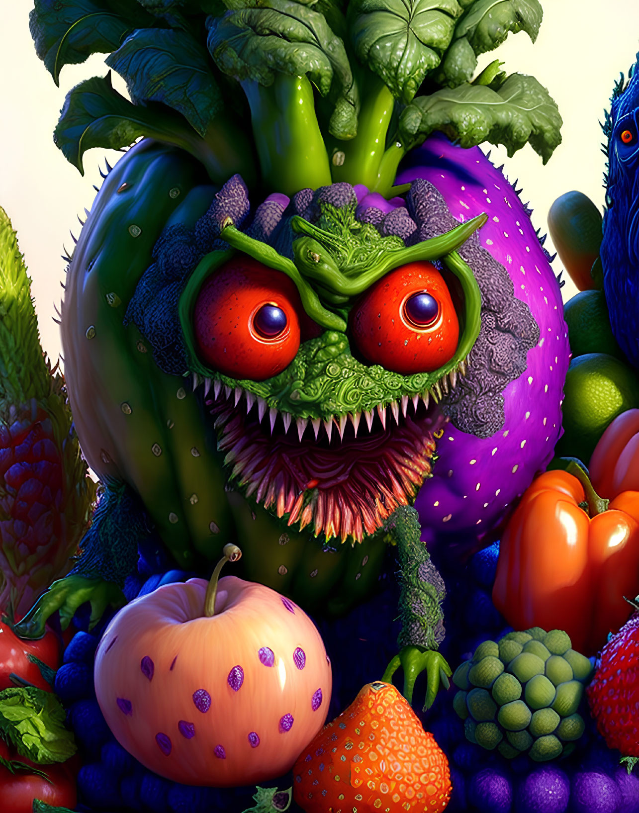 Anthropomorphic fruits and vegetables with expressive faces in a colorful illustration
