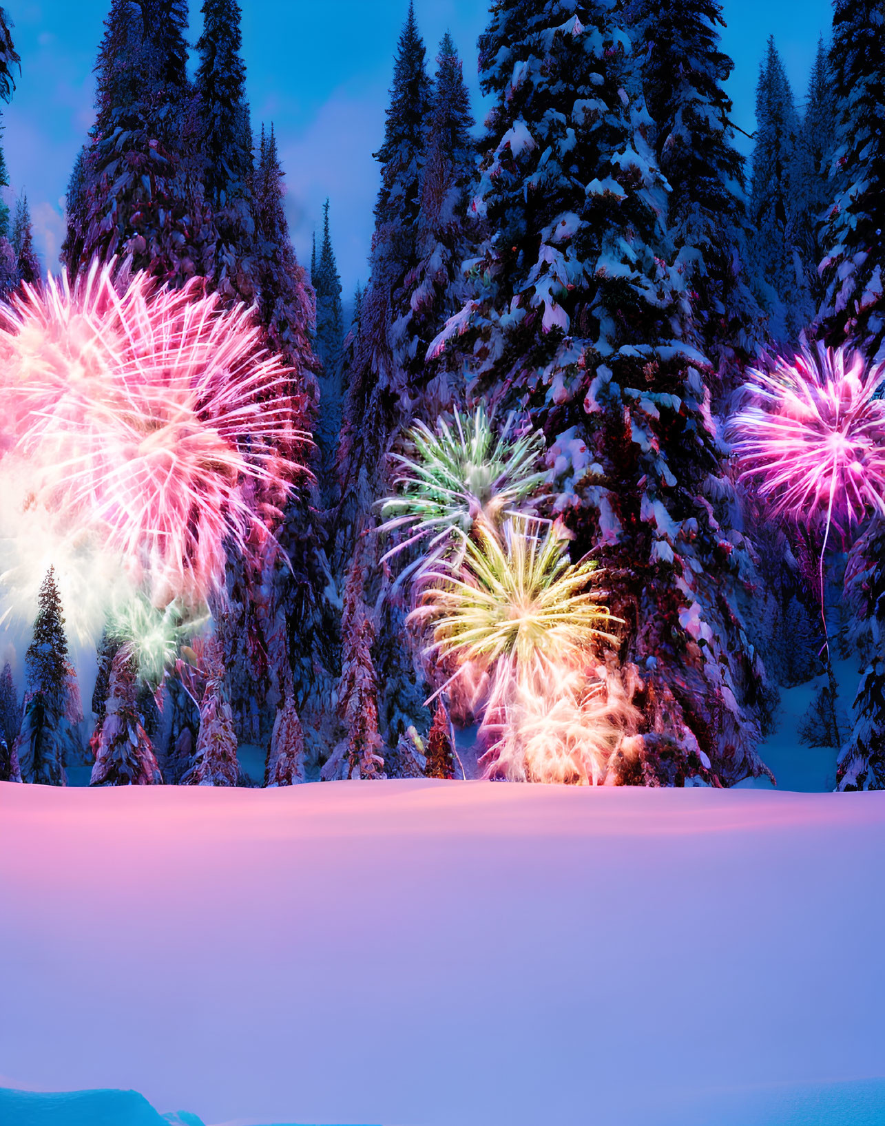 Colorful fireworks illuminate snowy pine trees in twilight sky