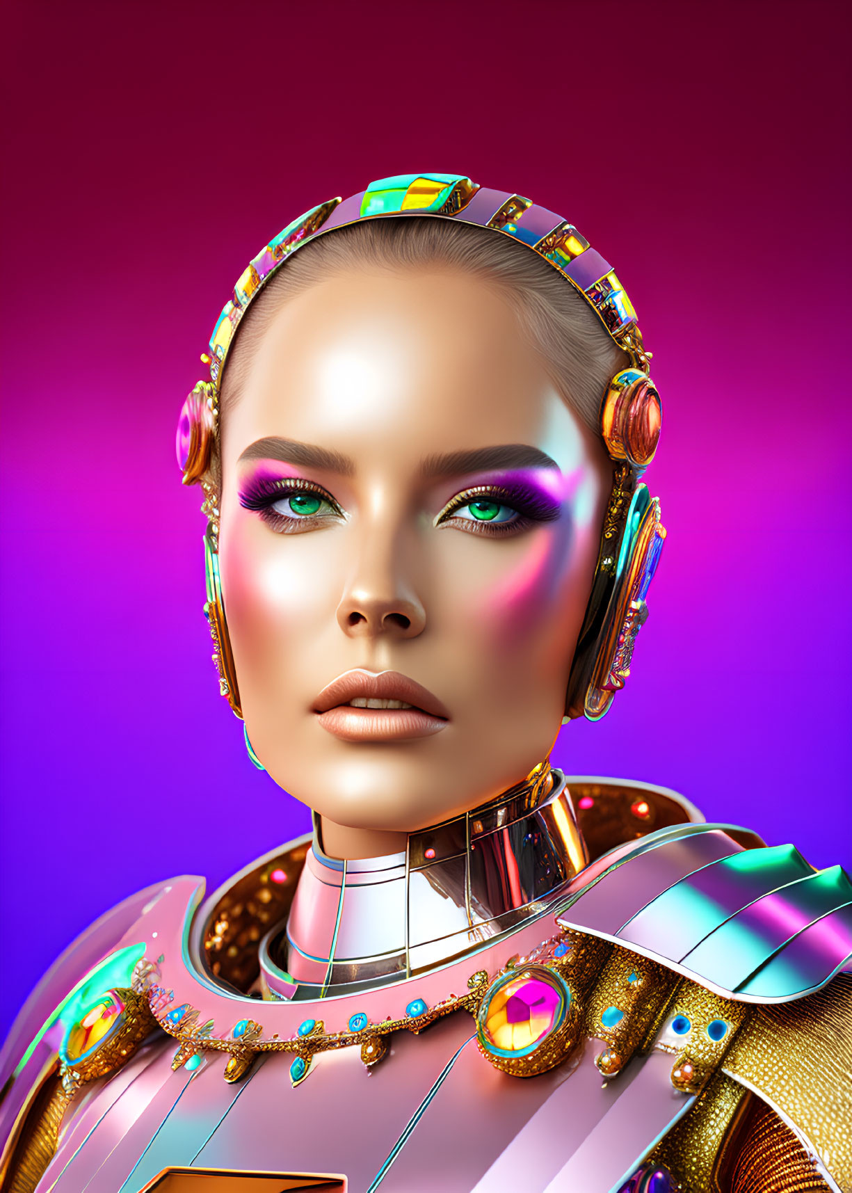 Futuristic female android with metallic complexion and gemstones on vibrant background