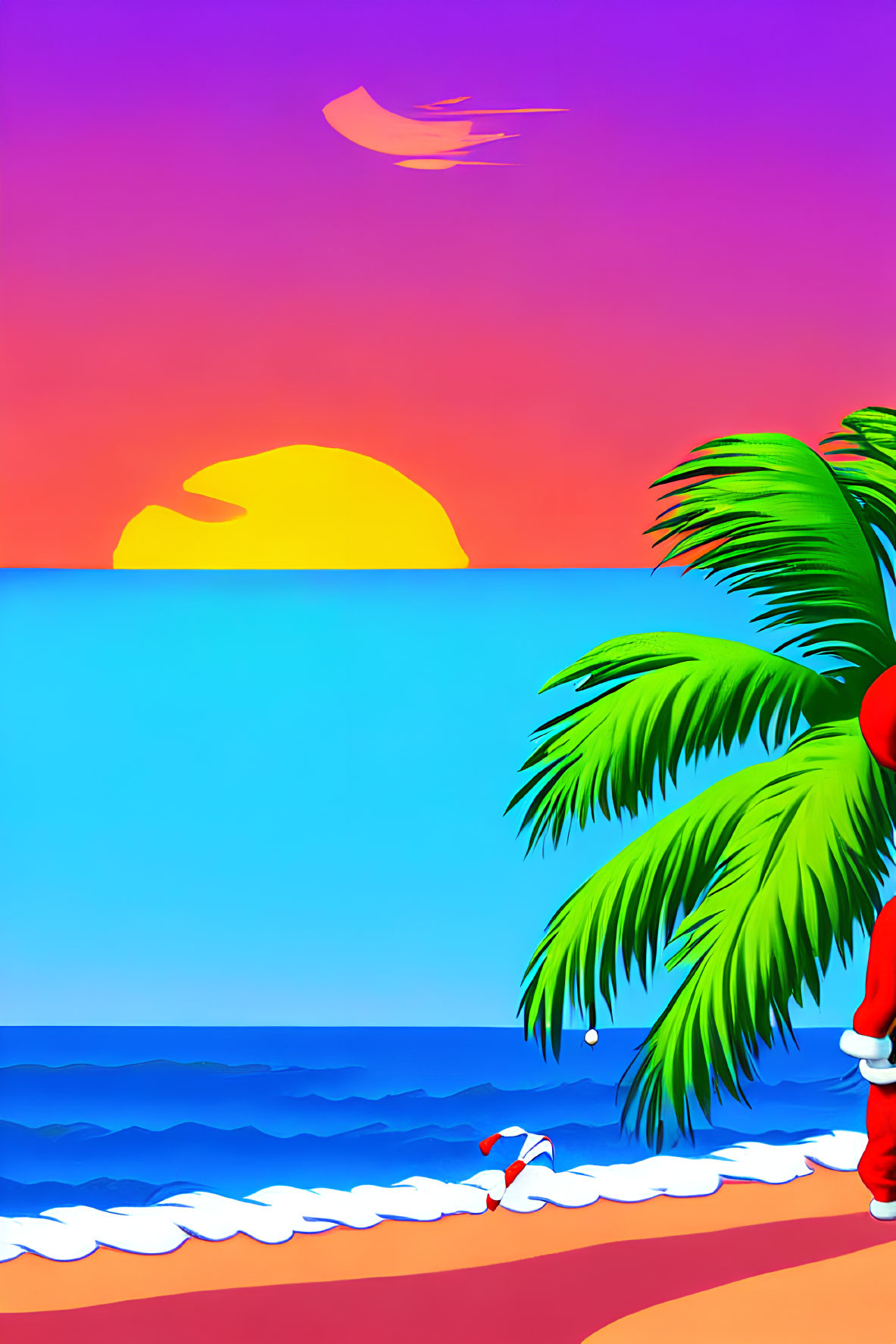 Colorful digital beach scene with palm tree, sun, and Santa hat figure