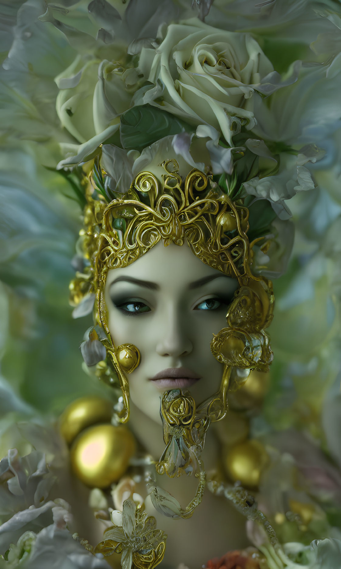 Person with ornate gold headdress and makeup against pale flower backdrop