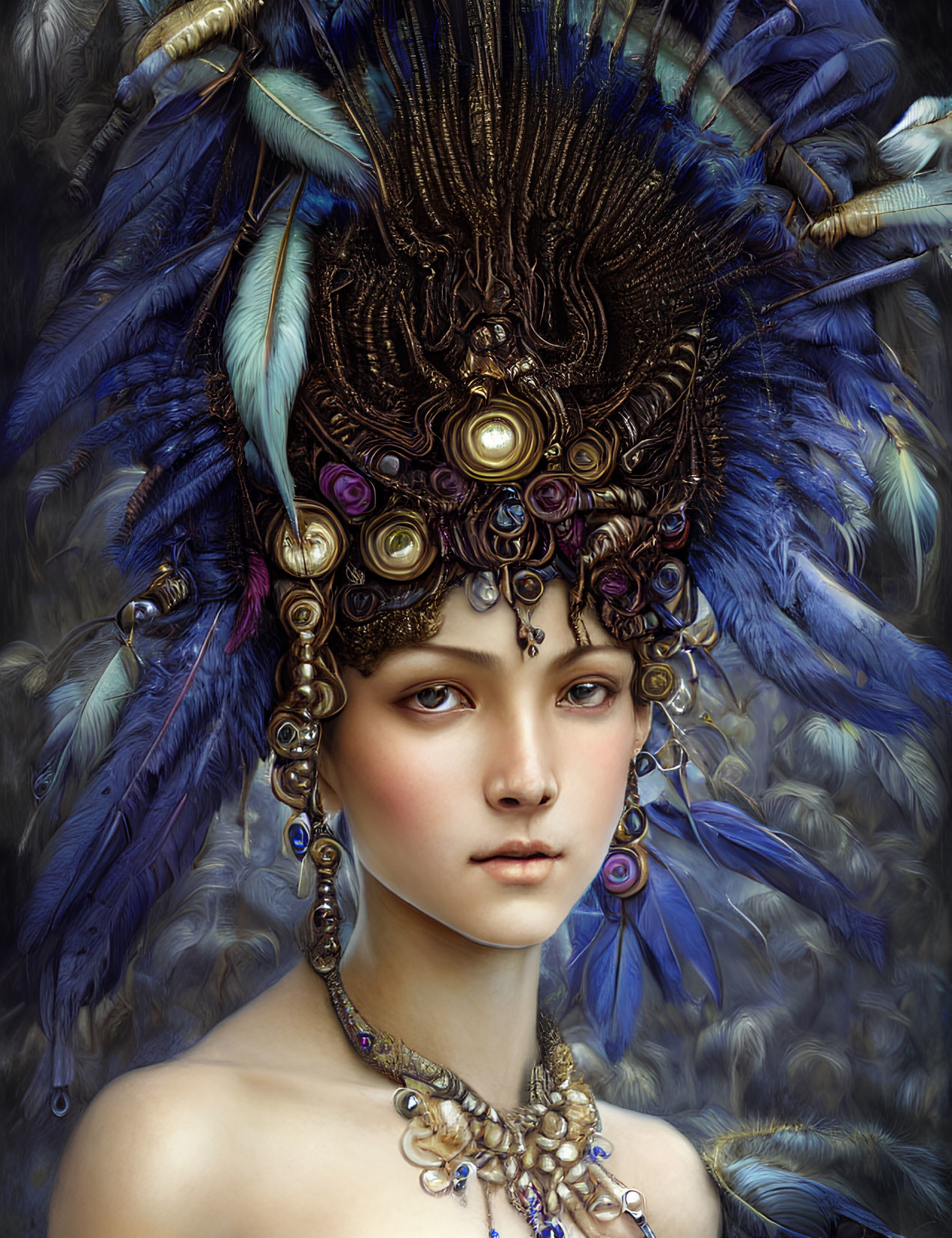 Portrait of person with fair skin in feather headdress and golden crown.