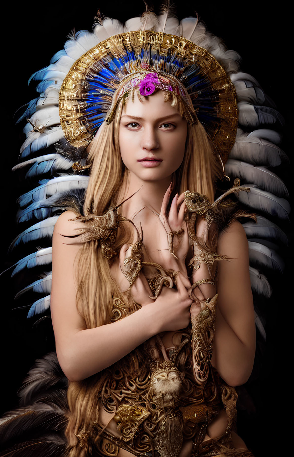 Mystical woman in golden halo and feather headdress with ornate armor