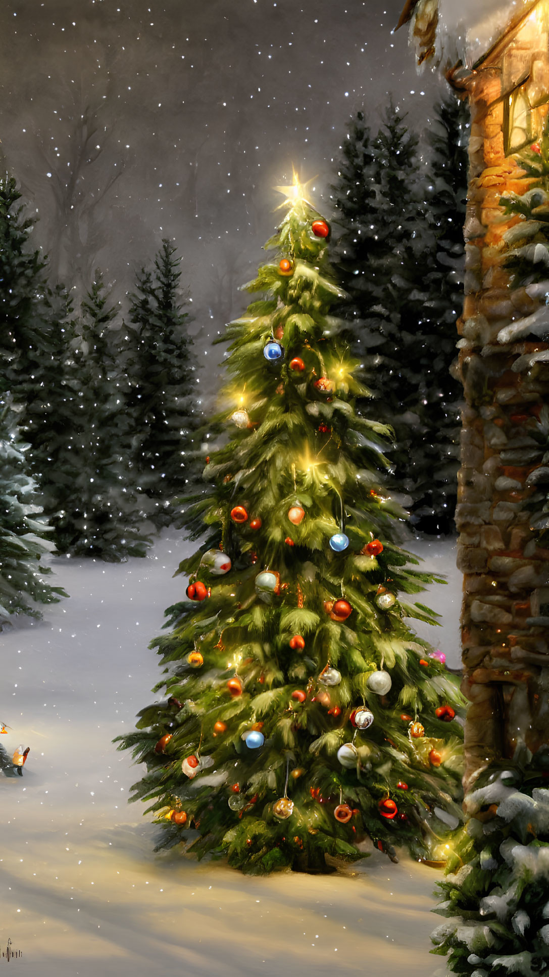 Decorated Christmas tree with lights and ornaments in snowy outdoor setting