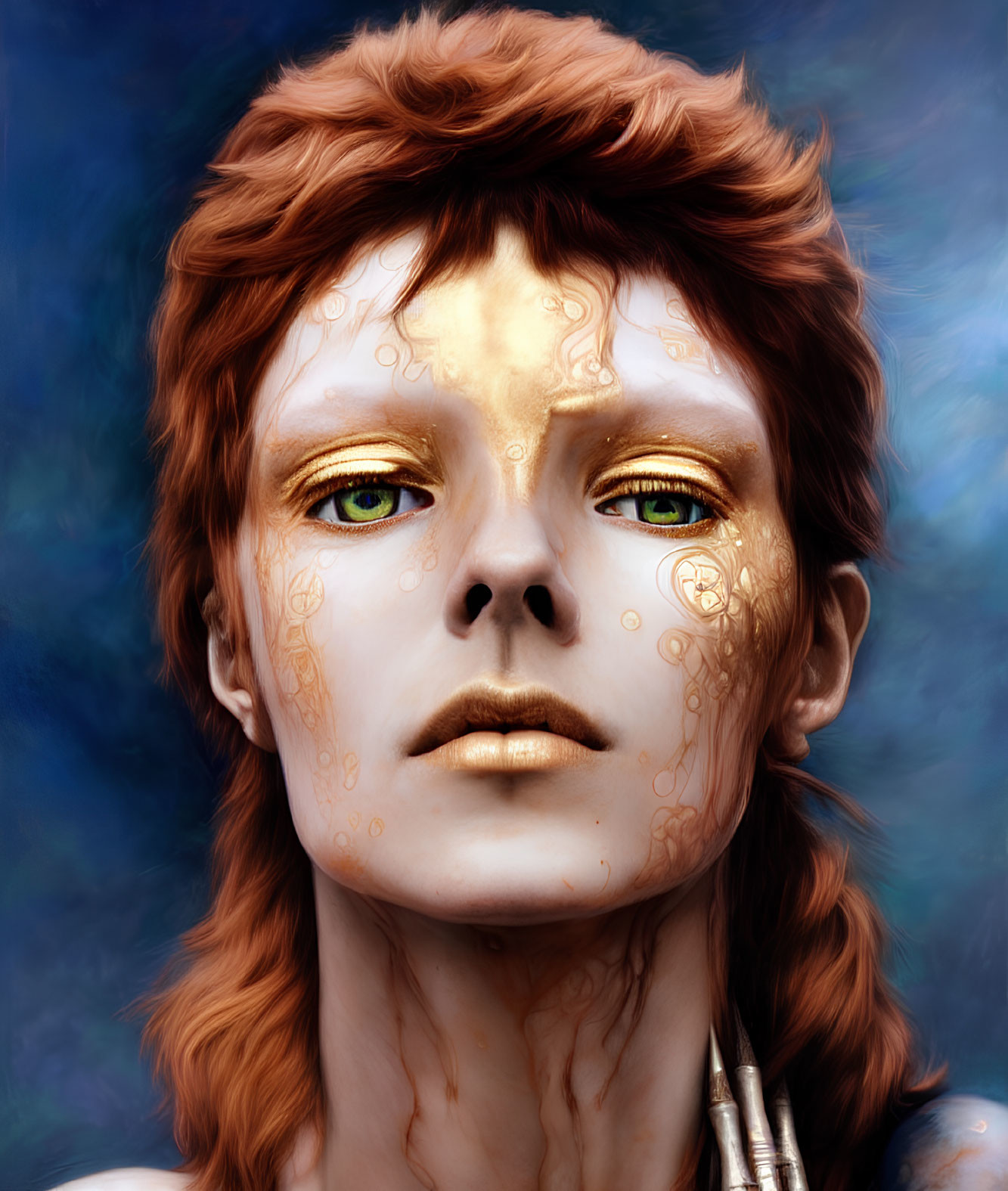 Digital portrait featuring person with red hair, green eyes, golden skin patterns, on blue backdrop